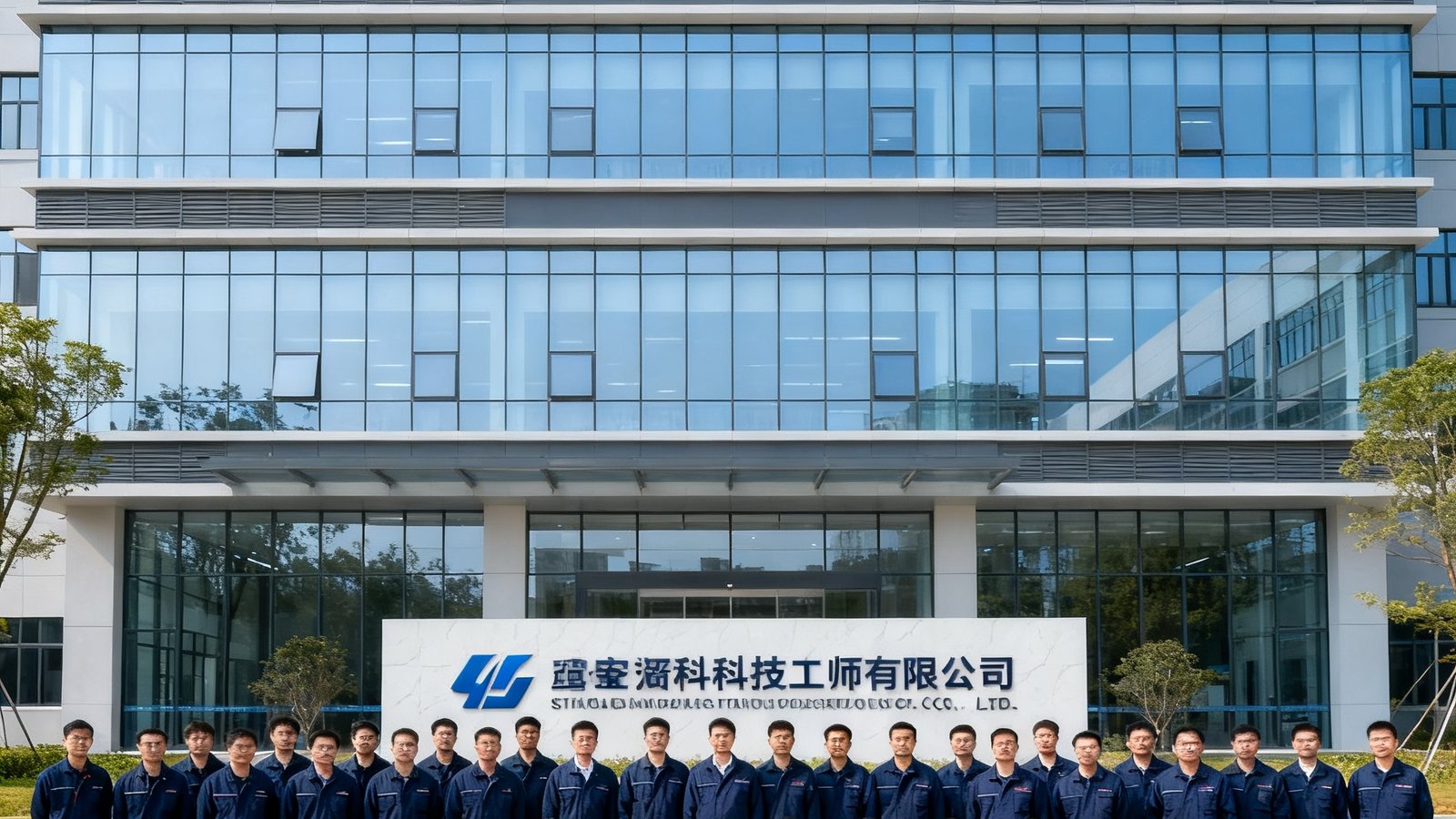 PT视讯深圳光明区研发生产基地外景与核心研发团队合影，展示现代化的四层研发大楼外观，前景为约60名穿着深蓝色工装的工程师团队，背景可见公司标识墙。