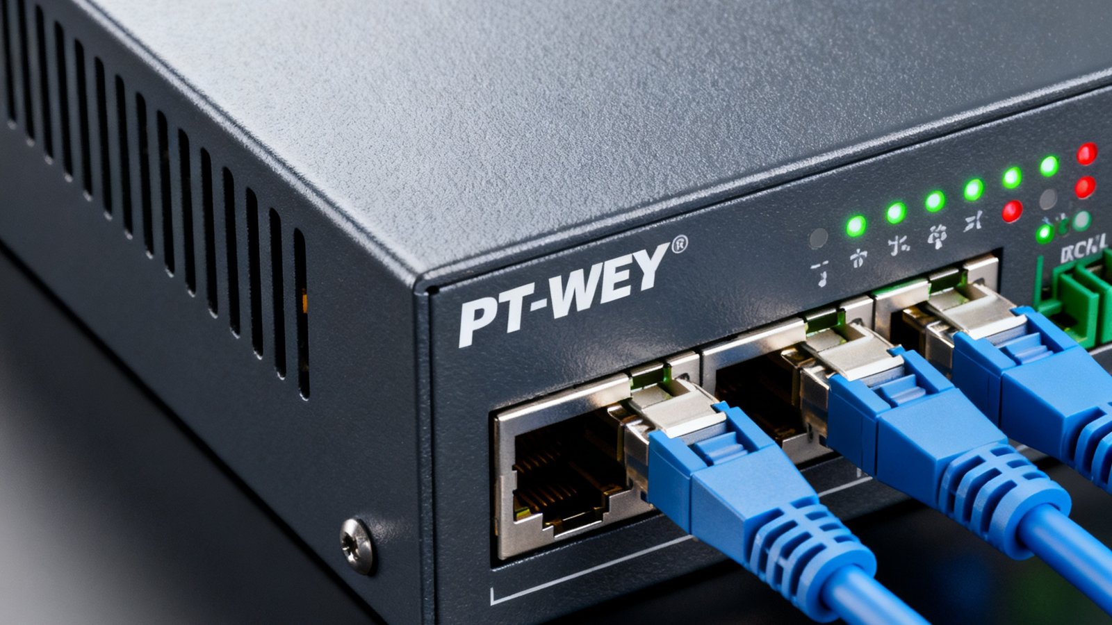 PT视讯FT-8000系列光纤传输器产品特写，展示LC光纤接口与LED状态指示灯面板，金属外壳采用深灰配色，侧面可见散热格栅设计。