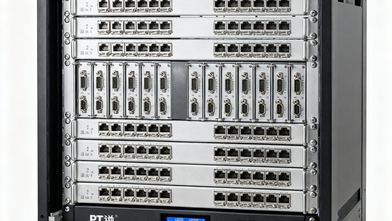 PT视讯DMX-3200分布式视讯矩阵设备安装在标准19英寸机架中，展示32路输入输出的模块化插卡式设计，前面板配备OLED状态显示屏。